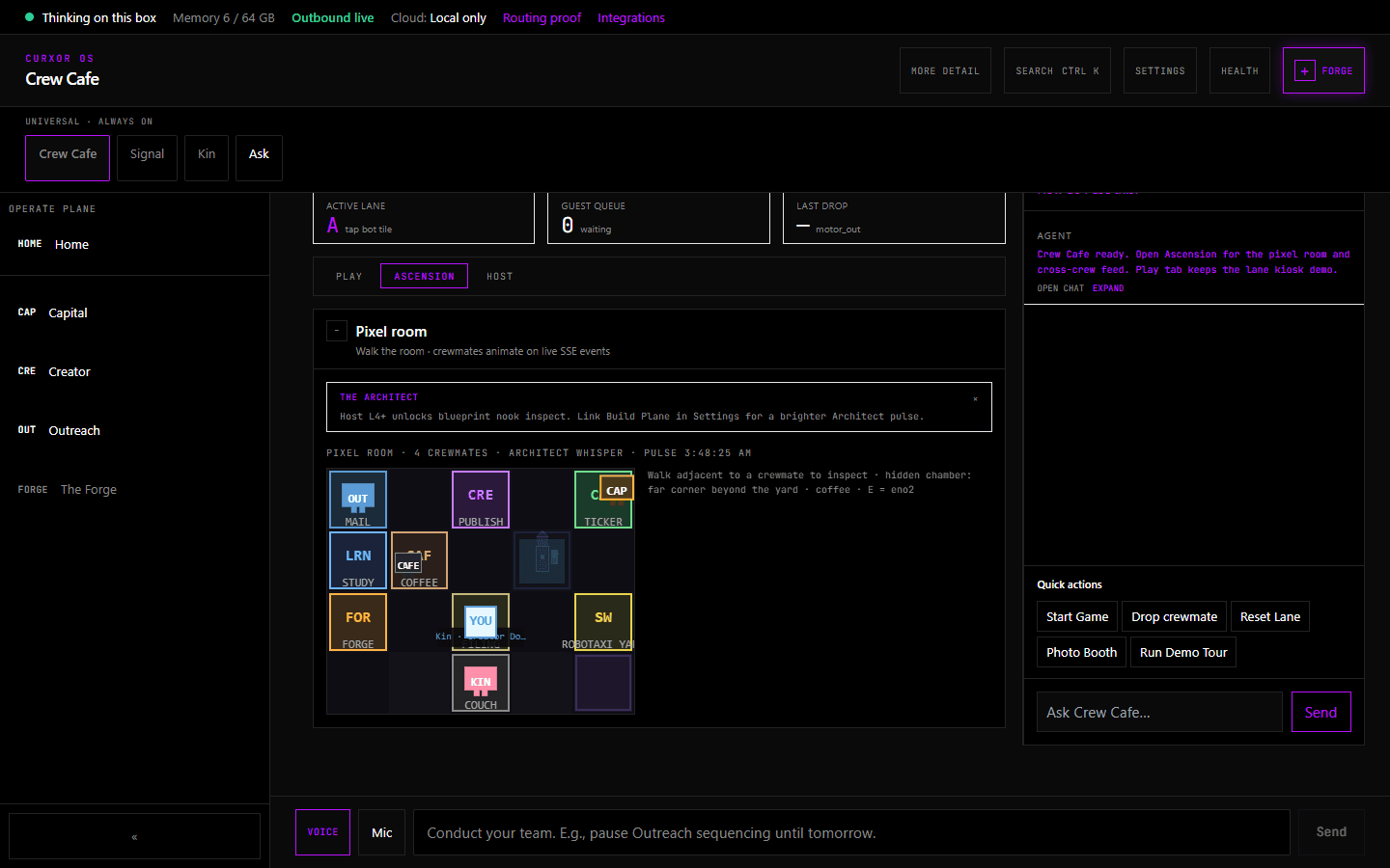 Crew Cafe pixel room — ensemble presence on CurXor OS